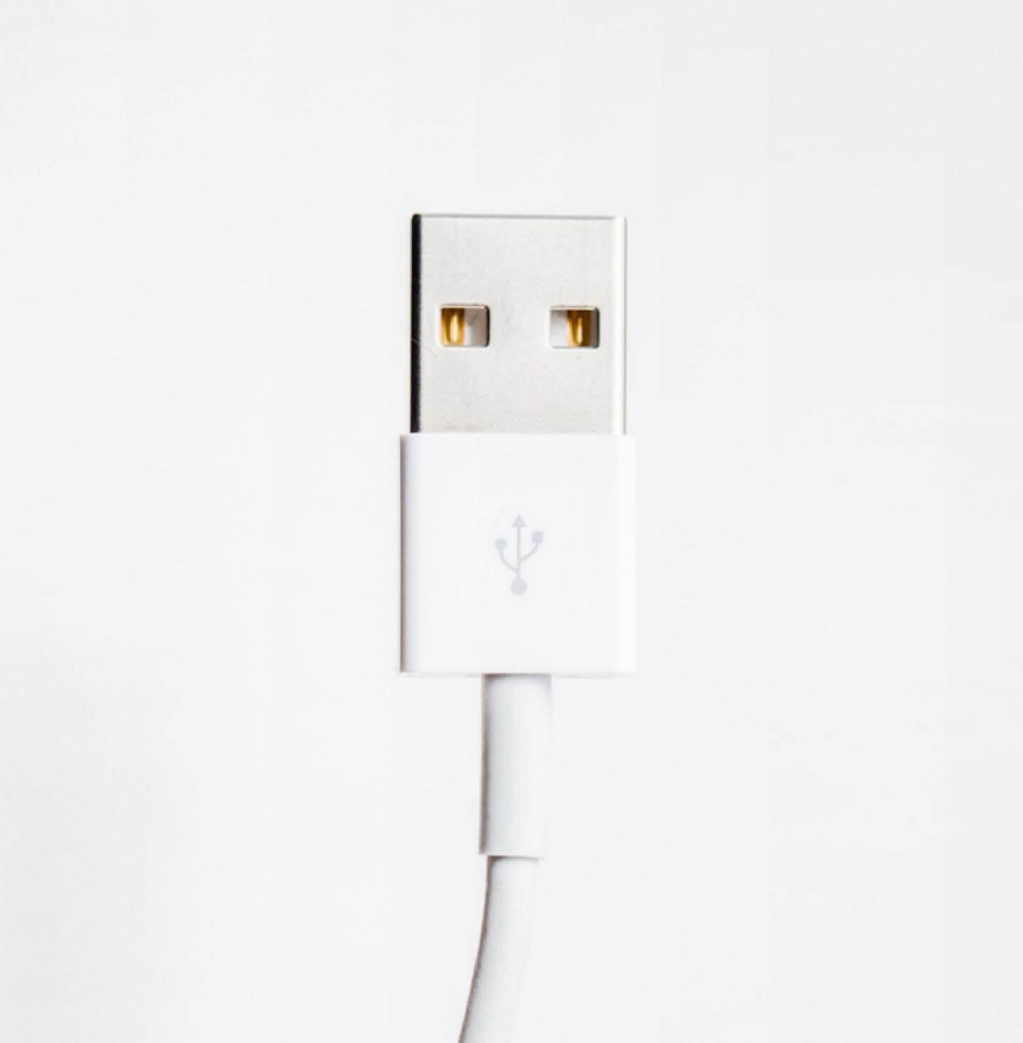 Foto di un cavo USB bianco su sfondo grigio.