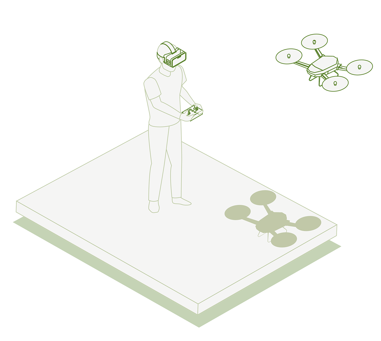 Illustrazione isometrica di un gamer con indosso un visore per la realtà virtuale mentre telecomanda un drone.