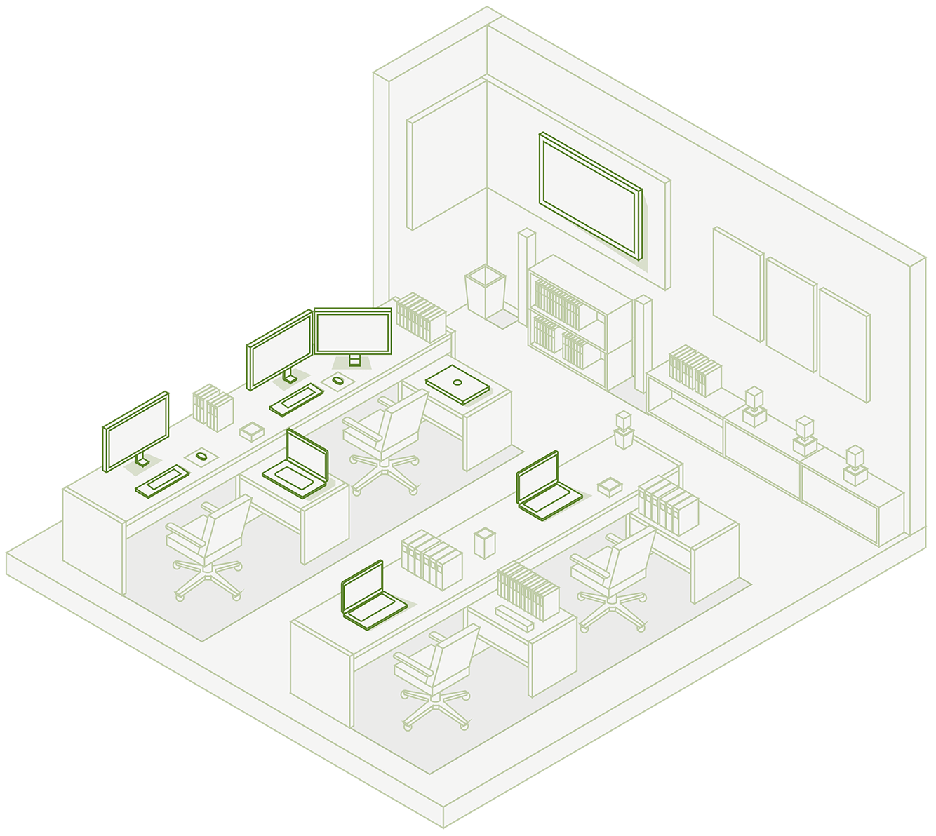 Illustrazione isometrica di un ufficio con postazioni di lavoro arredate con laptop e workstation.