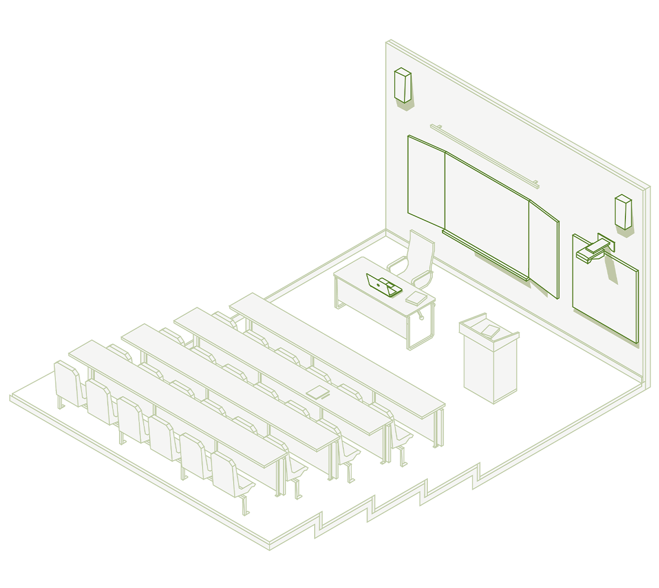 Illustrazione isometrica di una sala per videoconferenze con impianto audio-video composto da schermo grande formato e casse