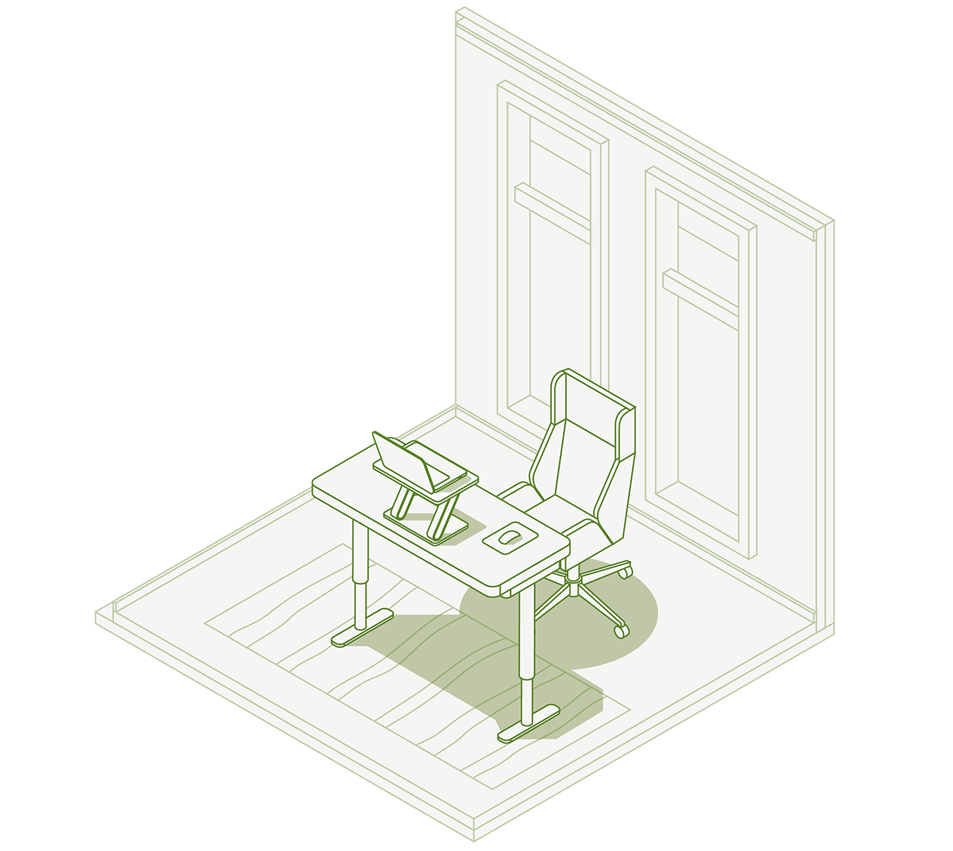 Illustrazione isometrica di una postazione di lavoro a casa con laptop e supporto di rialzo, mouse e sedia ergonomica.