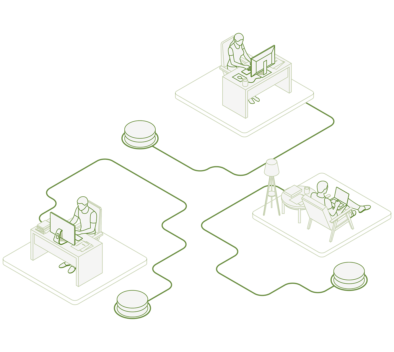 Illustrazione isometrica di lavoratori in smart working connessi tra di loro mentre utilizzano il computer.